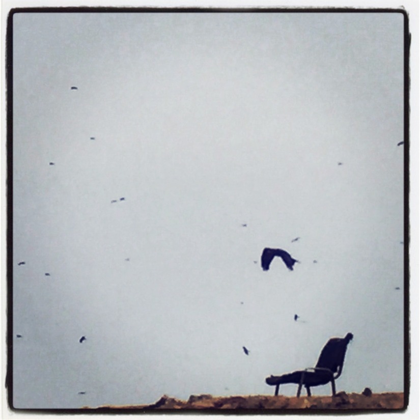 Des oiseaux volent dans un ciel gris, au-dessus d'une chaise posée sur la plage #Off2Africa 27 Dakar Sénégal © Gilles Denizot 2016