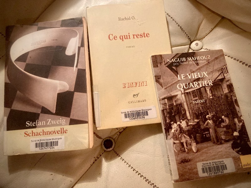 Trois livres posés sur un canapé #HolaBCN Le vieux quartier © Gilles Denizot 2024
